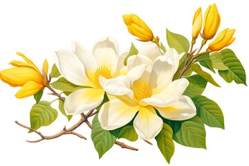 Fototapeta na wymiar Champa Flower Magnolia Alba Yellow Illustration with Natural Beauty and Leaf on White Background (3:2): Generative AI