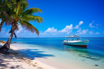 Fototapeta na wymiar Caribbean Paradise: Little Cayman Beach on South Hole Sound with Boat on Blue Coastline - Cayman Islands Nature Landscape. Generative AI