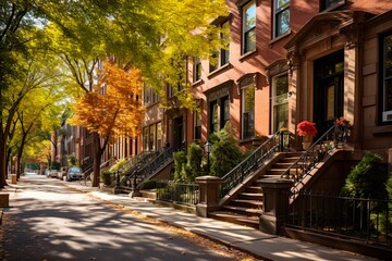 Charming Brownstone Buildings in Quiet Greenwich Village Neighborhood. Generative AI - obrazy, fototapety, plakaty