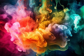 Illustration of colorful smoke swirling on a dark background created using generative AI