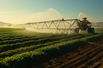 A tractor spraying water on a field of crops