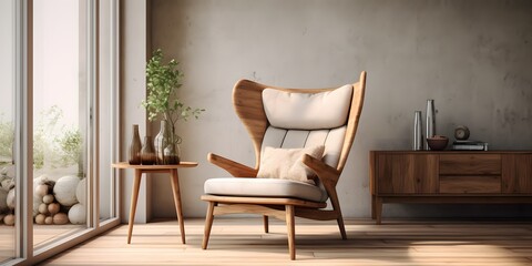 Wing chair near rustic wooden coffee table. Interior design of scandinavian living room with frames. Created with generative AI