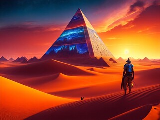 Ancient Alien Pyramids in the Desert. Forgotten Realm. An Explorer in Front of an Abandoned Desert Civilization. - obrazy, fototapety, plakaty