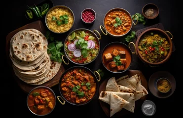 Fototapeten Bowls of indian food on dark table. © Marharyta