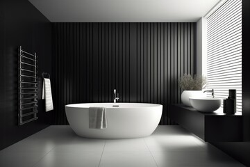 Naklejka na ściany i meble Illustration of a modern bathroom with a white bathtub and sink, created using generative AI