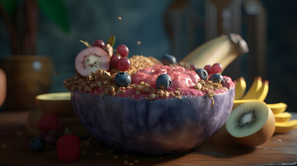 Obraz na płótnie Canvas A smoothie bowl topped with granola fresh fruits and a sp two generative AI