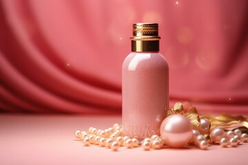 Obraz na płótnie Canvas Pink bottle with gold lid, pearls and gold dot on pink background. Generative AI