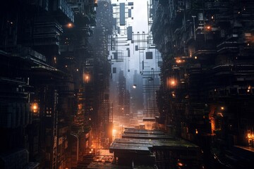 Illustration of a city street filled with tall buildings created using generative AI