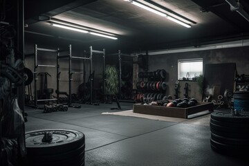 A well-equipped garage gym suitable for weightlifting with ample free weights and equipment. Generative AI