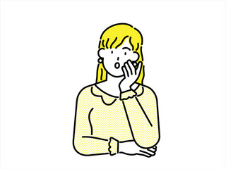 Woman with yellow clothes and yellow hair looking worried and troubled