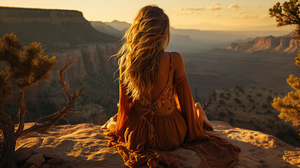 A young woman sits on the edge of a cliff overlooking the Grand Canyon..generative ai