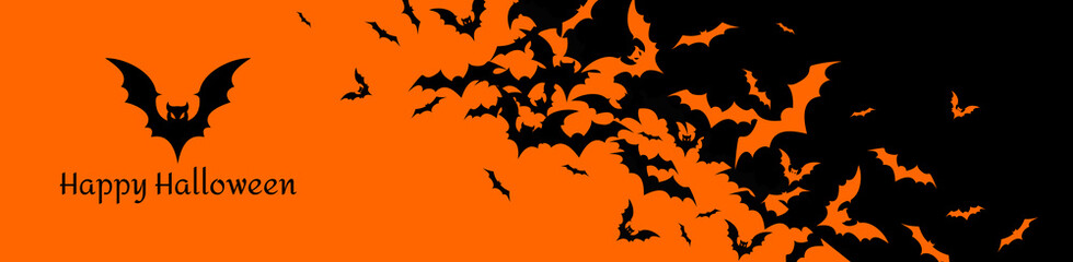 Halloween banner with black bats on the orange background. Illustration with text.
