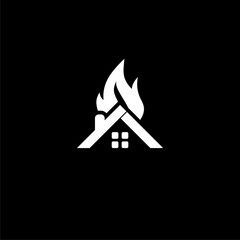 Fire in burning house icon isolated on black background.