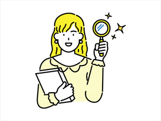 Girl with yellow hair and yellow clothes. Girl holding a book and a magnifying glass 