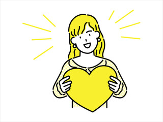 Clipart of a woman in yellow clothes and yellow hair holding a yellow blank advertising banner card. 