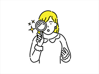 Girl with yellow hair looking through a magnifying glass, looking for something.