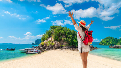 Traveler woman on vacation beach joy nature view scenic landscape Phakbia island Krabi, Attraction...