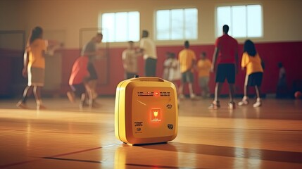 Automated external defibrillator symbol or sign on the wall in a sports gym. Basketball players was playing in blurred background. Generative AI - obrazy, fototapety, plakaty