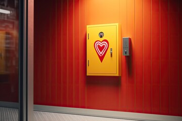 Automated external defibrillator symbol or sign on the wall in a sports gym. Generative AI