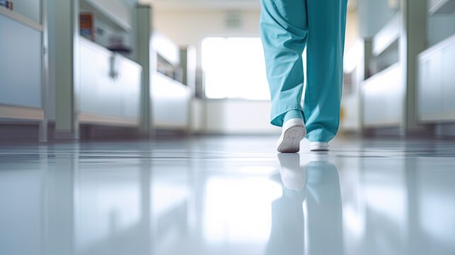 Assistant legs walking in hospital, Selective focus at the leg and blurred background with copy space in modern hospital. epoxy floor. Generative AI