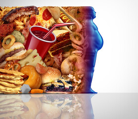 Obesity And Food as an overweight person with fast foods eating an unhealthy diet as diabetes risk and eating fat as a symbol for Appetite suppressant medication