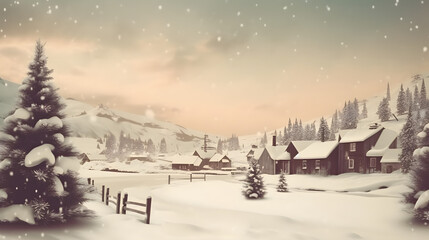 A vintage-style postcard with a snowy landscape and a Mer generative AI