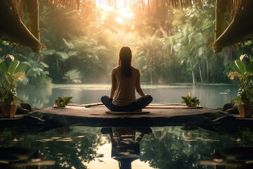 A woman meditating amidst a lush tropical rainforest. Generative AI