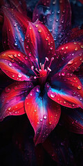 Close up of red and purple dahlia flower with water drops