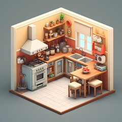 Generative AI a kitchen created in 3d isometric style