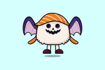 Cute mascot cartoon Sushi character Scary bats pumpkin halloween illustration