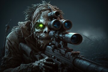 Zombie with rifle and binoculars on dark background. Halloween concept