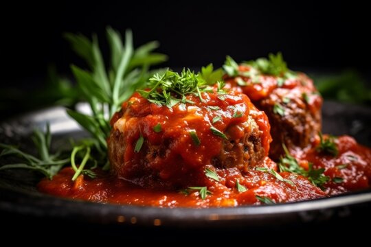 Boulette de Viande garnished with fresh herbs and tomato sauce