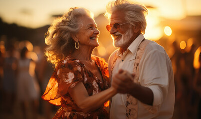 Romantic Sunset: An Elderly Couple Dances with Joy and Intimacy on the Beach, Celebrating Love's...