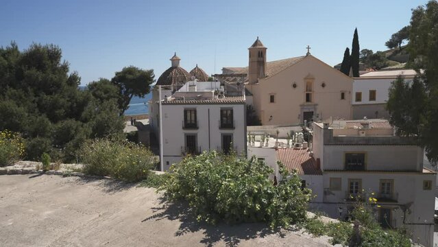 View from Sant Domenec de Vila church, Dalt Vila old town, to Cathedral from the Bastion, UNESCO World Heritage Site, Ibiza Town, Ibiza, Balearic Islands, Spain