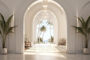 Fototapeta premium Home interiors, Luxury entry way, mediterranean and scandinavian design, by Generative AI