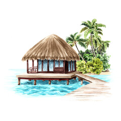 Fototapeta premium Tropical hut on the water. Summer vacation concept. Hand drawn watercolor illustration isolated on white background