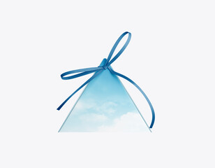 Whimsical Gift: Cloud-Wrapped Pyramid Box with Bow on White Background