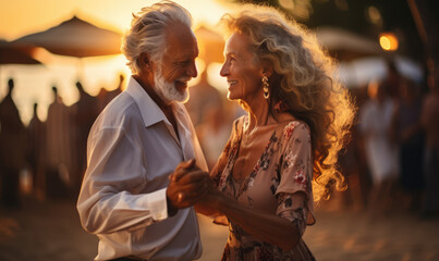 Romantic Sunset: An Elderly Couple Dances with Joy and Intimacy on the Beach, Celebrating Love's Timeless Beauty