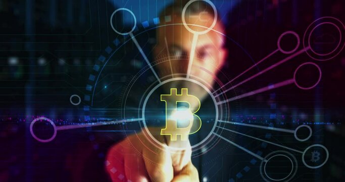 Bitcoin blockchain crypto currency and digital money symbol digital abstract 3d concept. Finger touch screen. cyber technology and network background. Man pushes computer display.