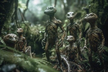 Multiple prehistoric reptilians in a dense rainforest. Generative AI