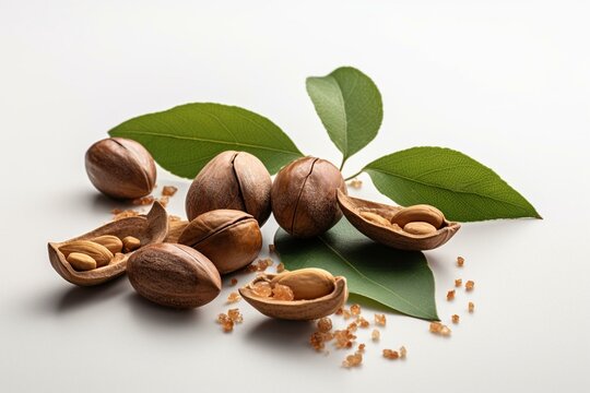 Argan nuts, leaves, chopped nuts, oil, whole seeds, half seeds on white background. Generative AI