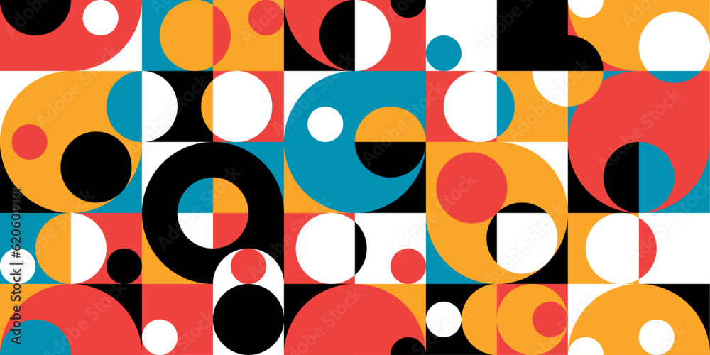 Poster Design with simple circles and geometry. Retro and circles in mosaic background for print. Circles are tiled in a stylish and repeating pattern.