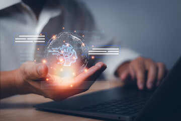 Concept of intelligent technology (Ai) or digitization, chatbot, man showing smart robot icon in hand to enter commands or add data to process for future technology workflow