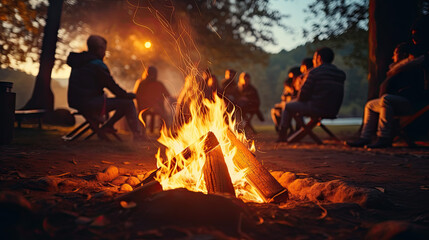 A group of people sit next to a campfire at night in a forest. camping concept. outdoor vacation. Generative AI