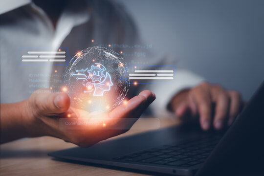 Concept of intelligent technology (Ai) or digitization, chatbot, man showing smart robot icon in hand to enter commands or add data to process for future technology workflow