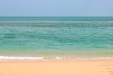 Fototapeta na wymiar The wave of the sea rolls on the sandy shore. Copy space.