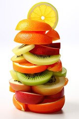 Fototapeta na wymiar Pile of several slices of fresh healthy organic raw fruits on white background Generative AI Illustration