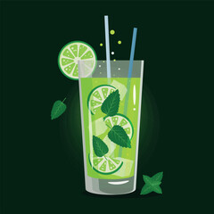 Mojito cocktail with ice, lime and mint. Vector illustration