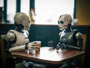 AI Encounter: Droids Meeting at a Cafe - Futuristic Rendezvous of Artificial Intelligence - Generative AI