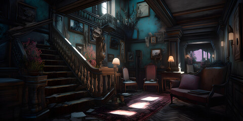 Naklejka premium Adventure game set in a haunted mansion or asylum colors one generative AI